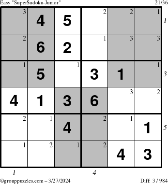 The grouppuzzles.com Easy SuperSudoku-Junior puzzle for Wednesday March 27, 2024 with all 3 steps marked