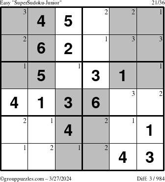 The grouppuzzles.com Easy SuperSudoku-Junior puzzle for Wednesday March 27, 2024 with the first 3 steps marked