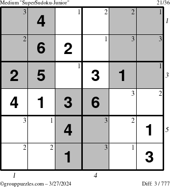 The grouppuzzles.com Medium SuperSudoku-Junior puzzle for Wednesday March 27, 2024 with all 3 steps marked