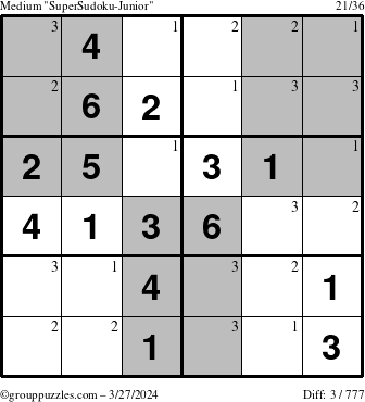 The grouppuzzles.com Medium SuperSudoku-Junior puzzle for Wednesday March 27, 2024 with the first 3 steps marked