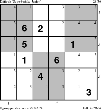 The grouppuzzles.com Difficult SuperSudoku-Junior puzzle for Wednesday March 27, 2024 with all 4 steps marked