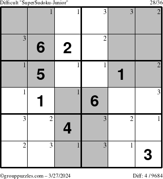 The grouppuzzles.com Difficult SuperSudoku-Junior puzzle for Wednesday March 27, 2024 with the first 3 steps marked
