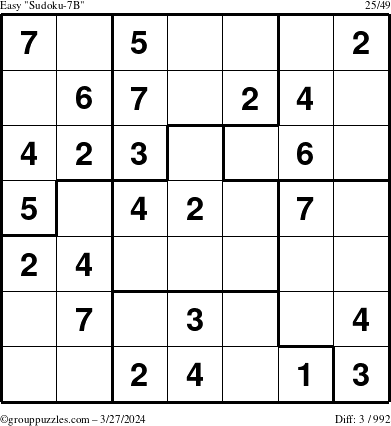 The grouppuzzles.com Easy Sudoku-7B puzzle for Wednesday March 27, 2024