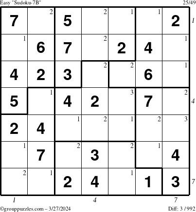 The grouppuzzles.com Easy Sudoku-7B puzzle for Wednesday March 27, 2024 with all 3 steps marked