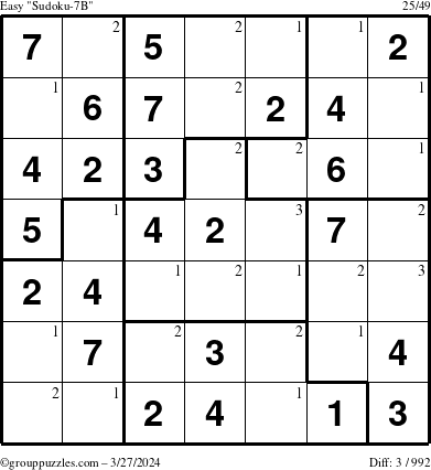 The grouppuzzles.com Easy Sudoku-7B puzzle for Wednesday March 27, 2024 with the first 3 steps marked