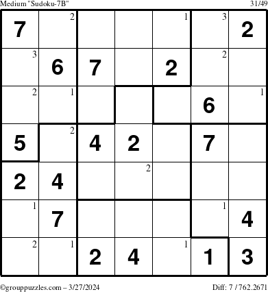 The grouppuzzles.com Medium Sudoku-7B puzzle for Wednesday March 27, 2024 with the first 3 steps marked