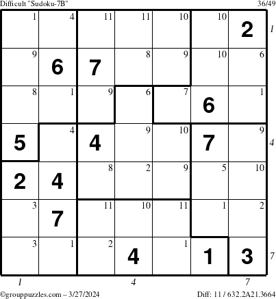 The grouppuzzles.com Difficult Sudoku-7B puzzle for Wednesday March 27, 2024 with all 11 steps marked