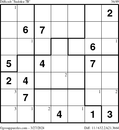 The grouppuzzles.com Difficult Sudoku-7B puzzle for Wednesday March 27, 2024 with the first 3 steps marked