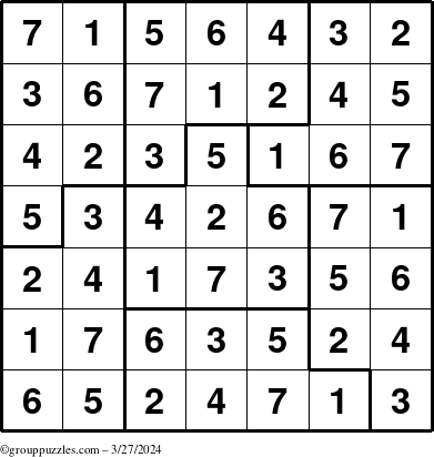 The grouppuzzles.com Answer grid for the Sudoku-7B puzzle for Wednesday March 27, 2024