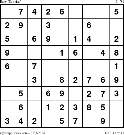 The grouppuzzles.com Easy Sudoku puzzle for Wednesday March 27, 2024