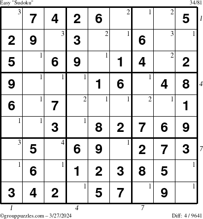The grouppuzzles.com Easy Sudoku puzzle for Wednesday March 27, 2024 with all 4 steps marked