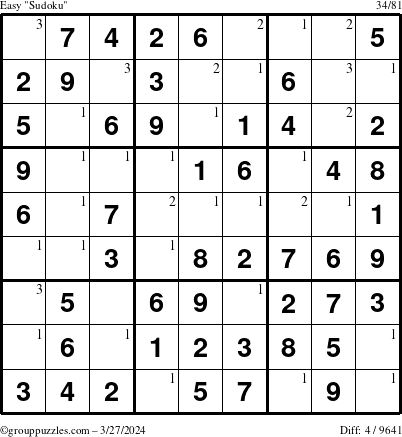 The grouppuzzles.com Easy Sudoku puzzle for Wednesday March 27, 2024 with the first 3 steps marked