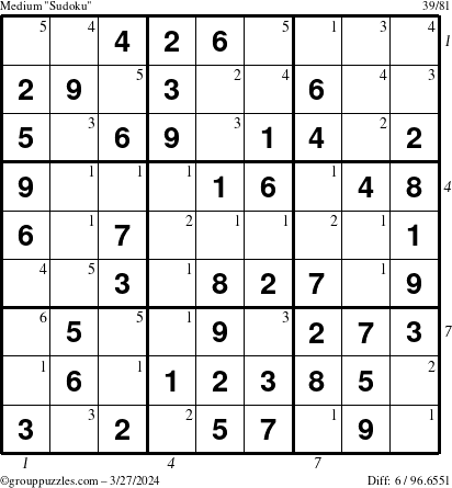 The grouppuzzles.com Medium Sudoku puzzle for Wednesday March 27, 2024 with all 6 steps marked