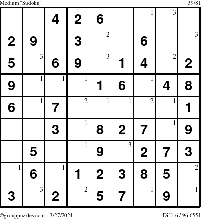 The grouppuzzles.com Medium Sudoku puzzle for Wednesday March 27, 2024 with the first 3 steps marked