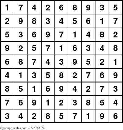 The grouppuzzles.com Answer grid for the Sudoku puzzle for Wednesday March 27, 2024