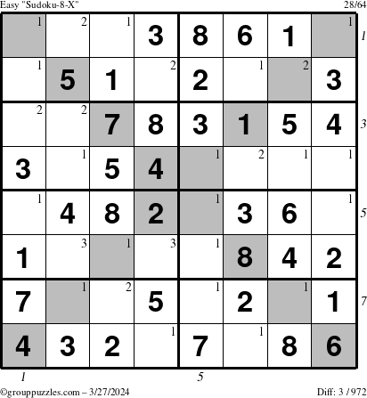 The grouppuzzles.com Easy Sudoku-8-X puzzle for Wednesday March 27, 2024 with all 3 steps marked
