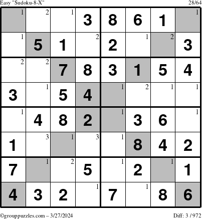 The grouppuzzles.com Easy Sudoku-8-X puzzle for Wednesday March 27, 2024 with the first 3 steps marked