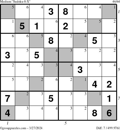 The grouppuzzles.com Medium Sudoku-8-X puzzle for Wednesday March 27, 2024 with all 7 steps marked