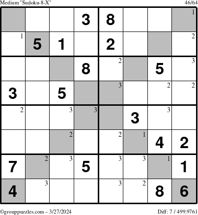 The grouppuzzles.com Medium Sudoku-8-X puzzle for Wednesday March 27, 2024 with the first 3 steps marked