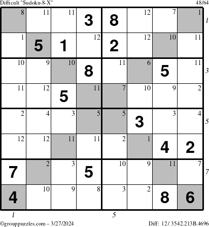 The grouppuzzles.com Difficult Sudoku-8-X puzzle for Wednesday March 27, 2024 with all 12 steps marked