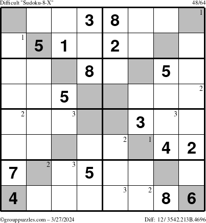 The grouppuzzles.com Difficult Sudoku-8-X puzzle for Wednesday March 27, 2024 with the first 3 steps marked