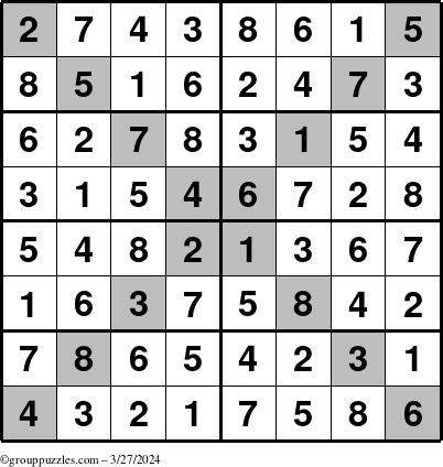 The grouppuzzles.com Answer grid for the Sudoku-8-X puzzle for Wednesday March 27, 2024