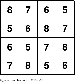 The grouppuzzles.com Answer grid for the Sudoku-4-5678 puzzle for Monday March 4, 2024