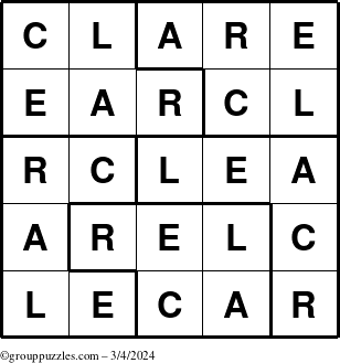 The grouppuzzles.com Answer grid for the Clare puzzle for Monday March 4, 2024