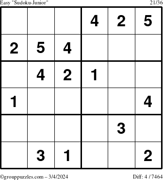 The grouppuzzles.com Easy Sudoku-Junior puzzle for Monday March 4, 2024