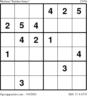 The grouppuzzles.com Medium Sudoku-Junior puzzle for Monday March 4, 2024
