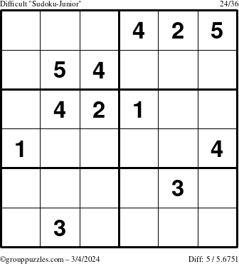 The grouppuzzles.com Difficult Sudoku-Junior puzzle for Monday March 4, 2024