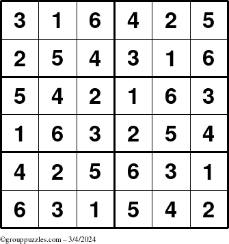 The grouppuzzles.com Answer grid for the Sudoku-Junior puzzle for Monday March 4, 2024