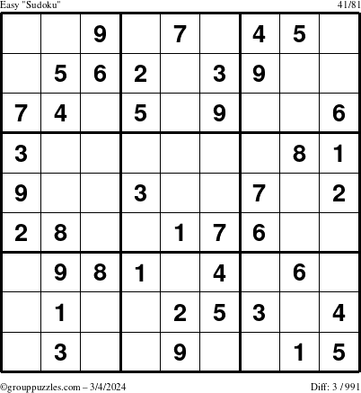The grouppuzzles.com Easy Sudoku puzzle for Monday March 4, 2024