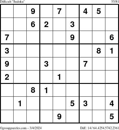 The grouppuzzles.com Difficult Sudoku puzzle for Monday March 4, 2024