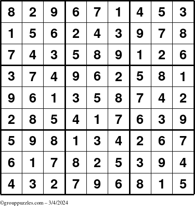 The grouppuzzles.com Answer grid for the Sudoku puzzle for Monday March 4, 2024
