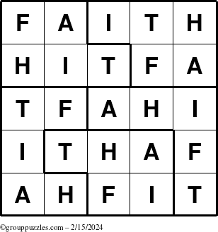 The grouppuzzles.com Answer grid for the Faith puzzle for Thursday February 15, 2024