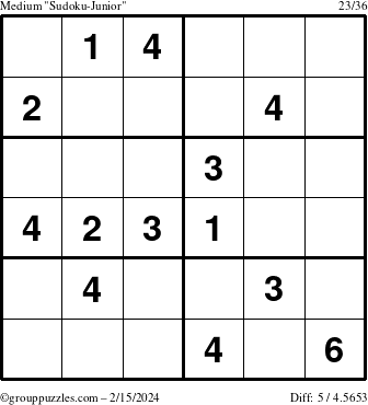 The grouppuzzles.com Medium Sudoku-Junior puzzle for Thursday February 15, 2024