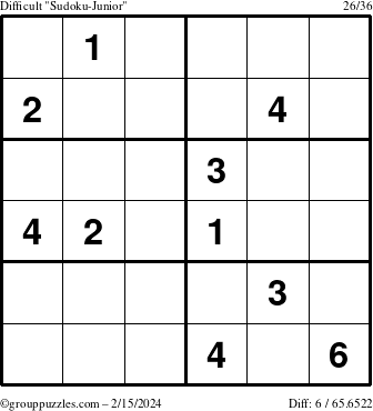 The grouppuzzles.com Difficult Sudoku-Junior puzzle for Thursday February 15, 2024