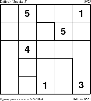 The grouppuzzles.com Difficult Sudoku-5 puzzle for Sunday March 24, 2024