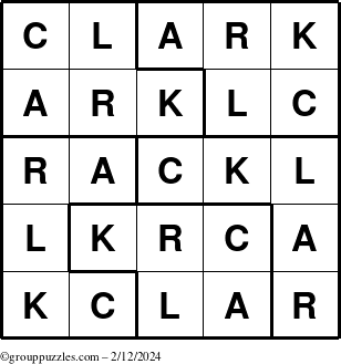 The grouppuzzles.com Answer grid for the Clark puzzle for Monday February 12, 2024
