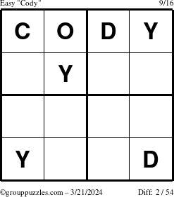 The grouppuzzles.com Easy Cody puzzle for Thursday March 21, 2024