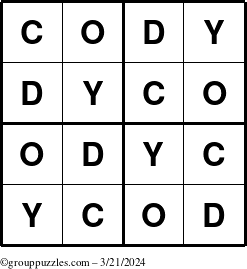 The grouppuzzles.com Answer grid for the Cody puzzle for Thursday March 21, 2024
