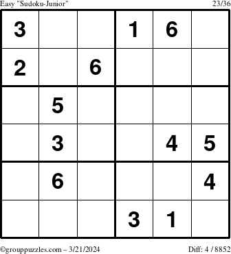The grouppuzzles.com Easy Sudoku-Junior puzzle for Thursday March 21, 2024