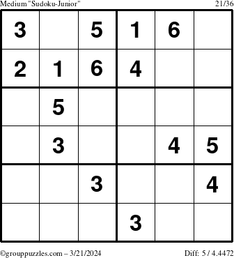 The grouppuzzles.com Medium Sudoku-Junior puzzle for Thursday March 21, 2024