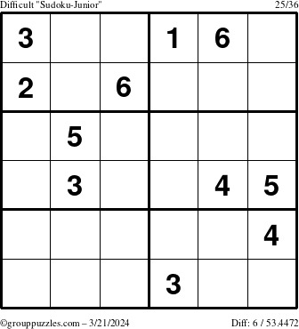 The grouppuzzles.com Difficult Sudoku-Junior puzzle for Thursday March 21, 2024