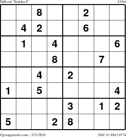 The grouppuzzles.com Difficult Sudoku-8 puzzle for Thursday March 21, 2024
