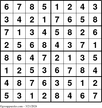 The grouppuzzles.com Answer grid for the Sudoku-8 puzzle for Thursday March 21, 2024