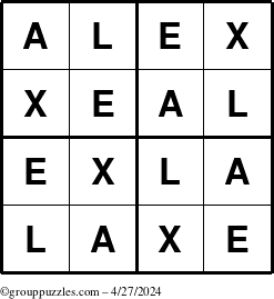 The grouppuzzles.com Answer grid for the Alex puzzle for Saturday April 27, 2024