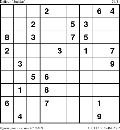 The grouppuzzles.com Difficult Sudoku puzzle for Saturday April 27, 2024