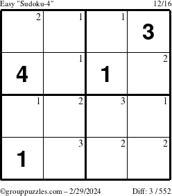 The grouppuzzles.com Easy Sudoku-4 puzzle for Thursday February 29, 2024 with the first 3 steps marked